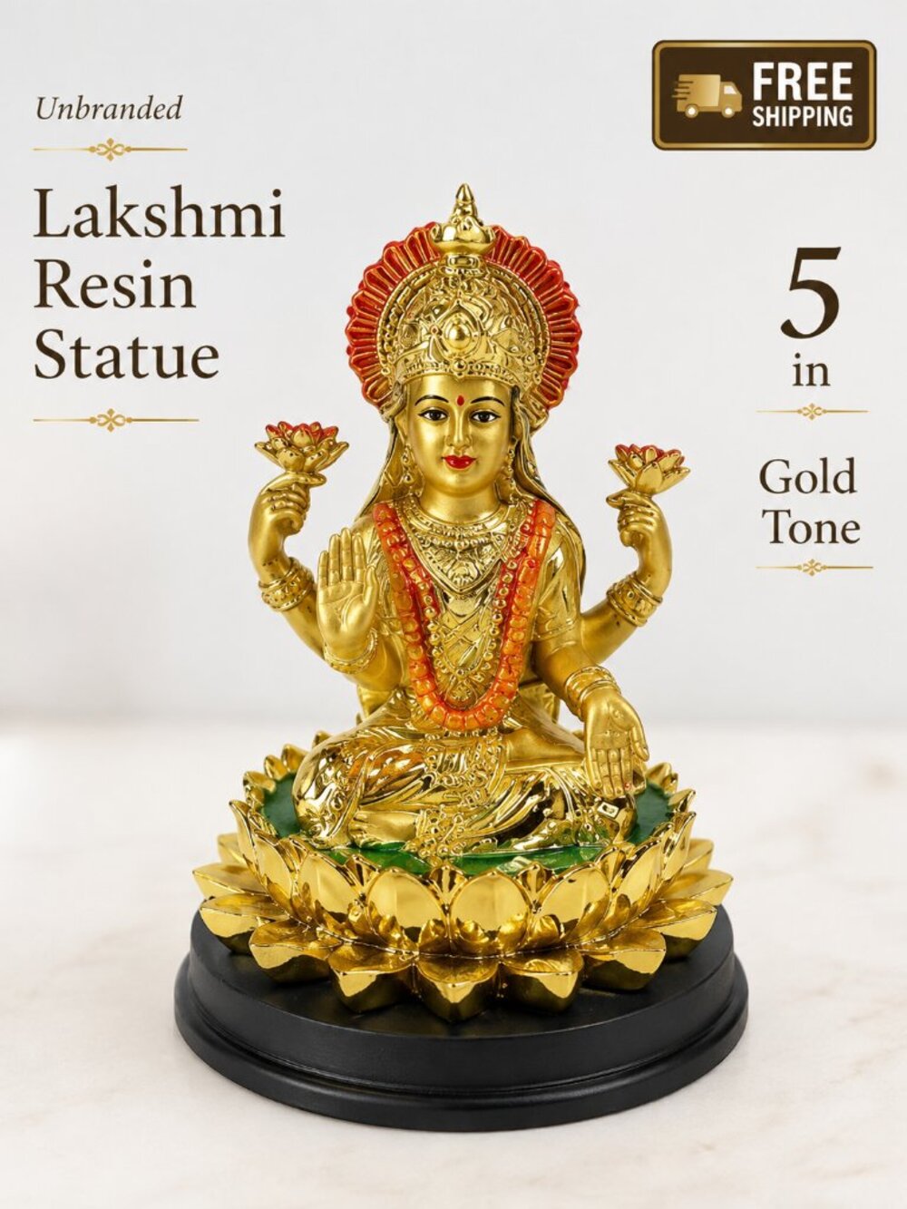 Unbranded Lakshmi Laxmi Resin Statue 5in Gold Tone Hindu Decor NOS